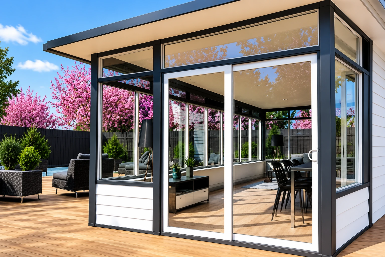 Modern all-season sunroom with black-framed glass walls and sliding door beside a wood deck and flowering trees.