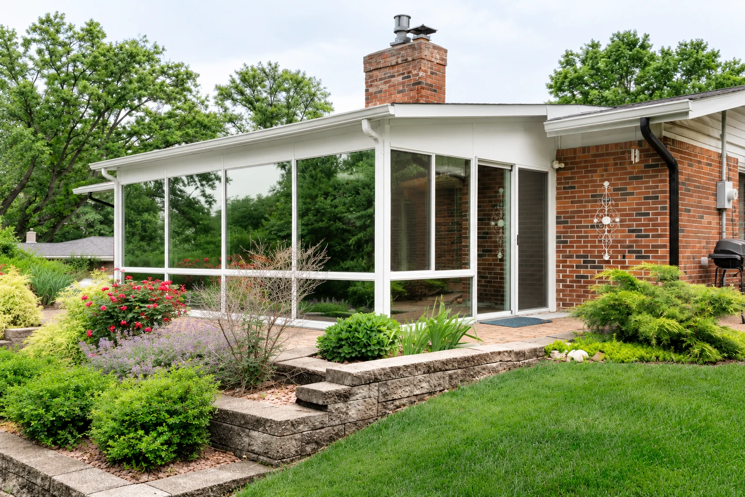 Custom sunroom with white-framed windows attached to a brick home, surrounded by garden beds and lawn.