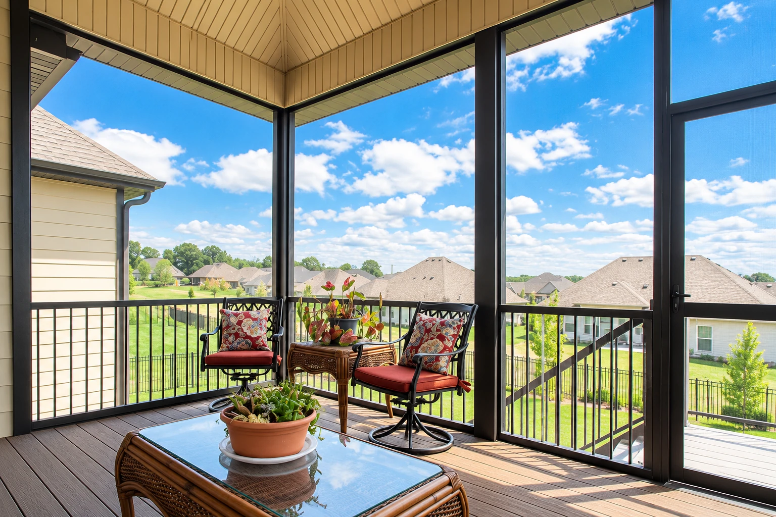 Screened deck enclosure with black framing, wicker chairs, and a sunny view of neighboring homes.