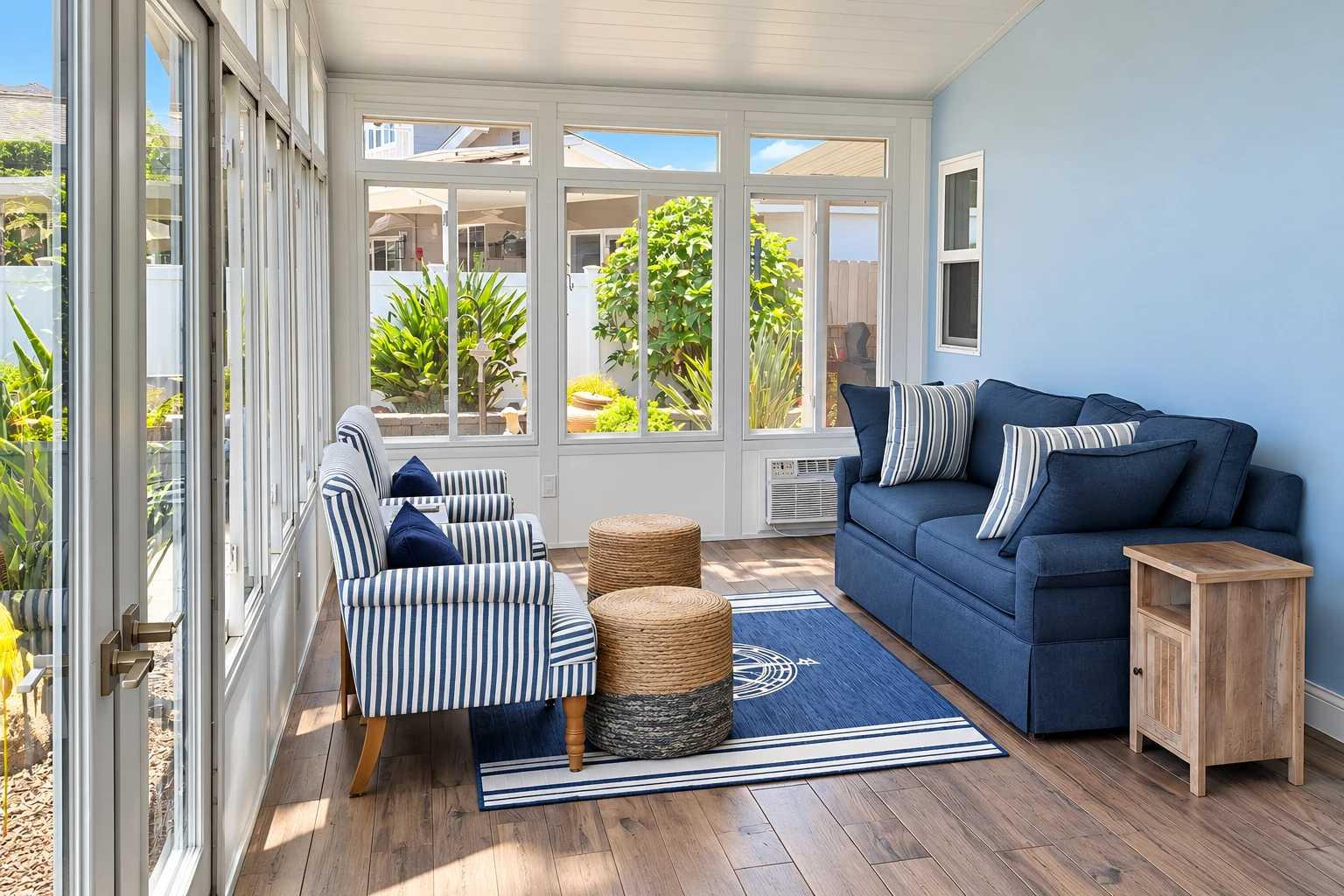 Enclosed patio room with white-framed windows, blue sofa, striped chairs, and a wood-look floor.
