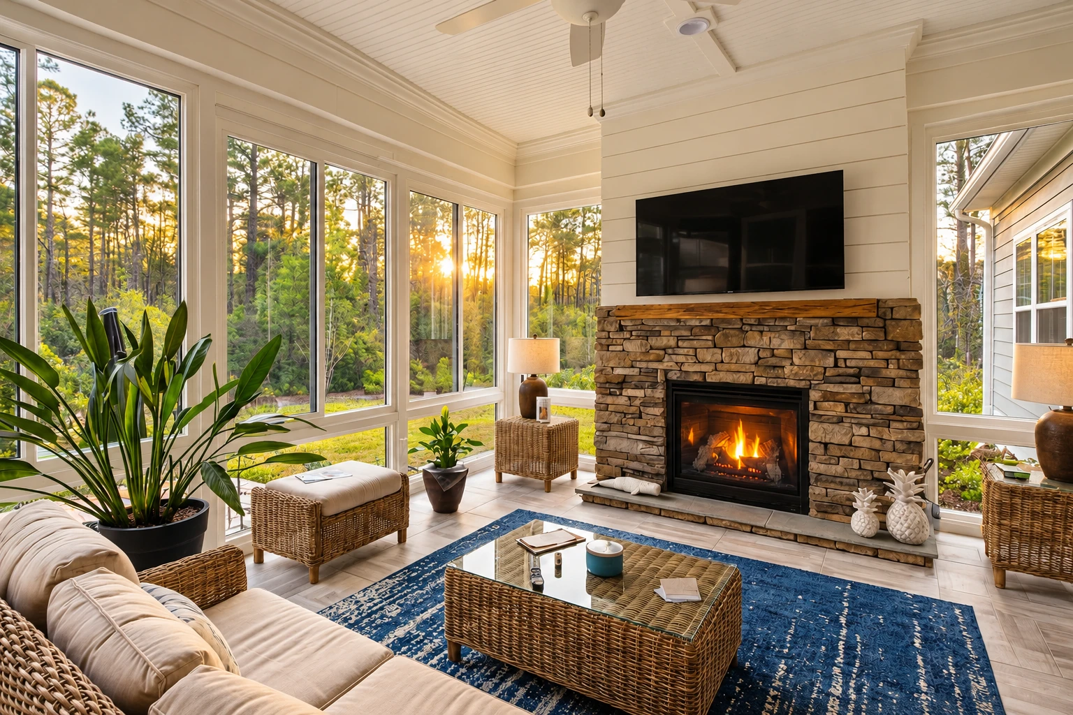 Four-season sunroom with a stone fireplace, large windows, wicker seating, and a view of trees at sunset.