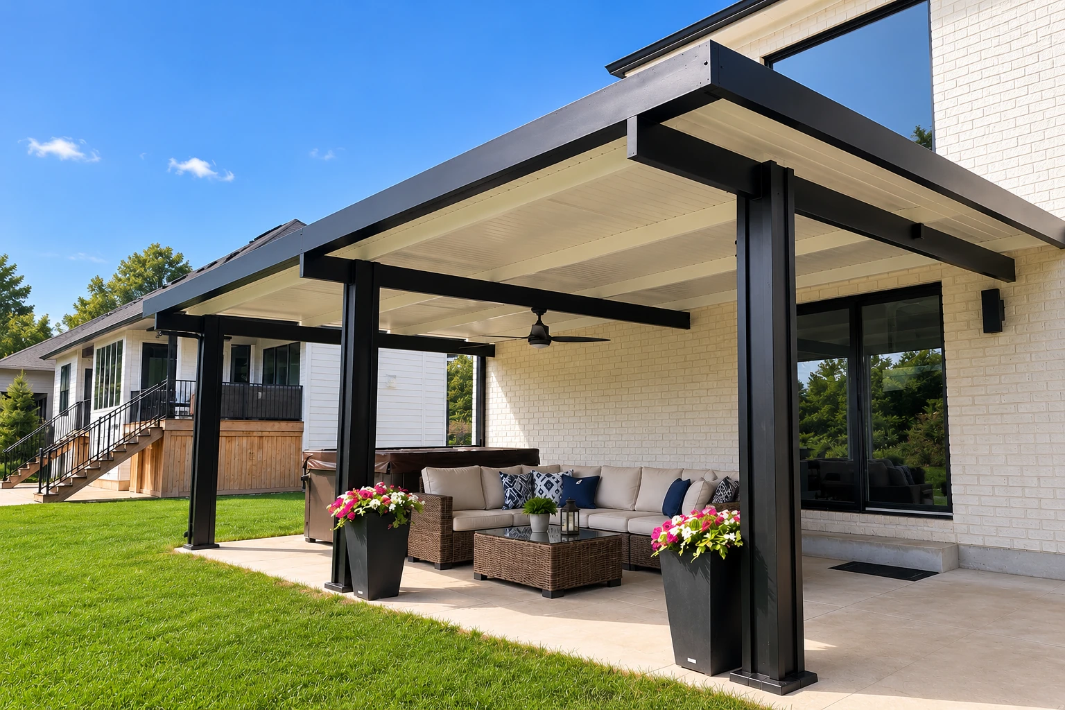 Covered patio with a flat white roof on black posts shelters outdoor seating beside a brick house.