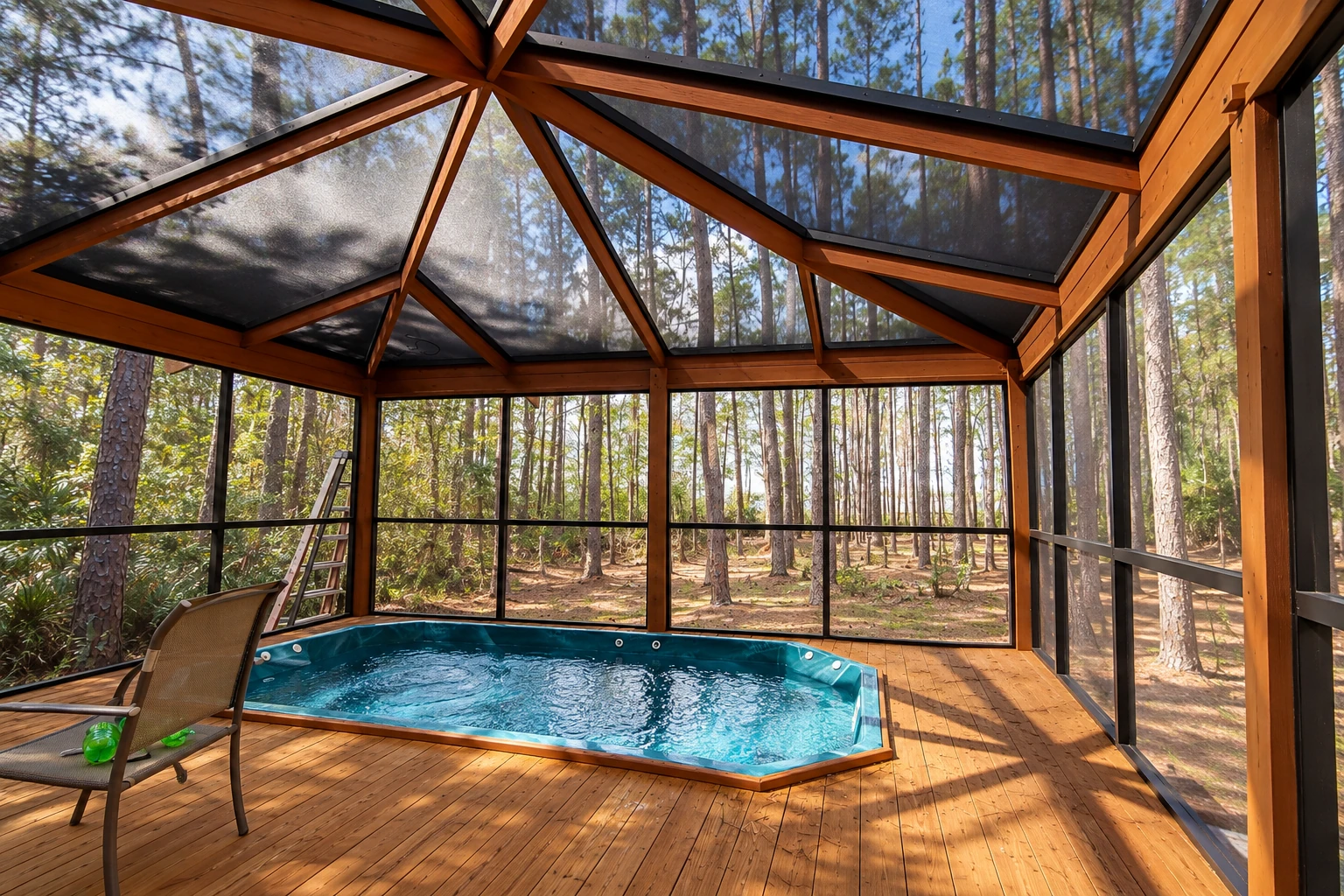 Screened patio enclosure with exposed timber beams, a small pool, and a wooded view.