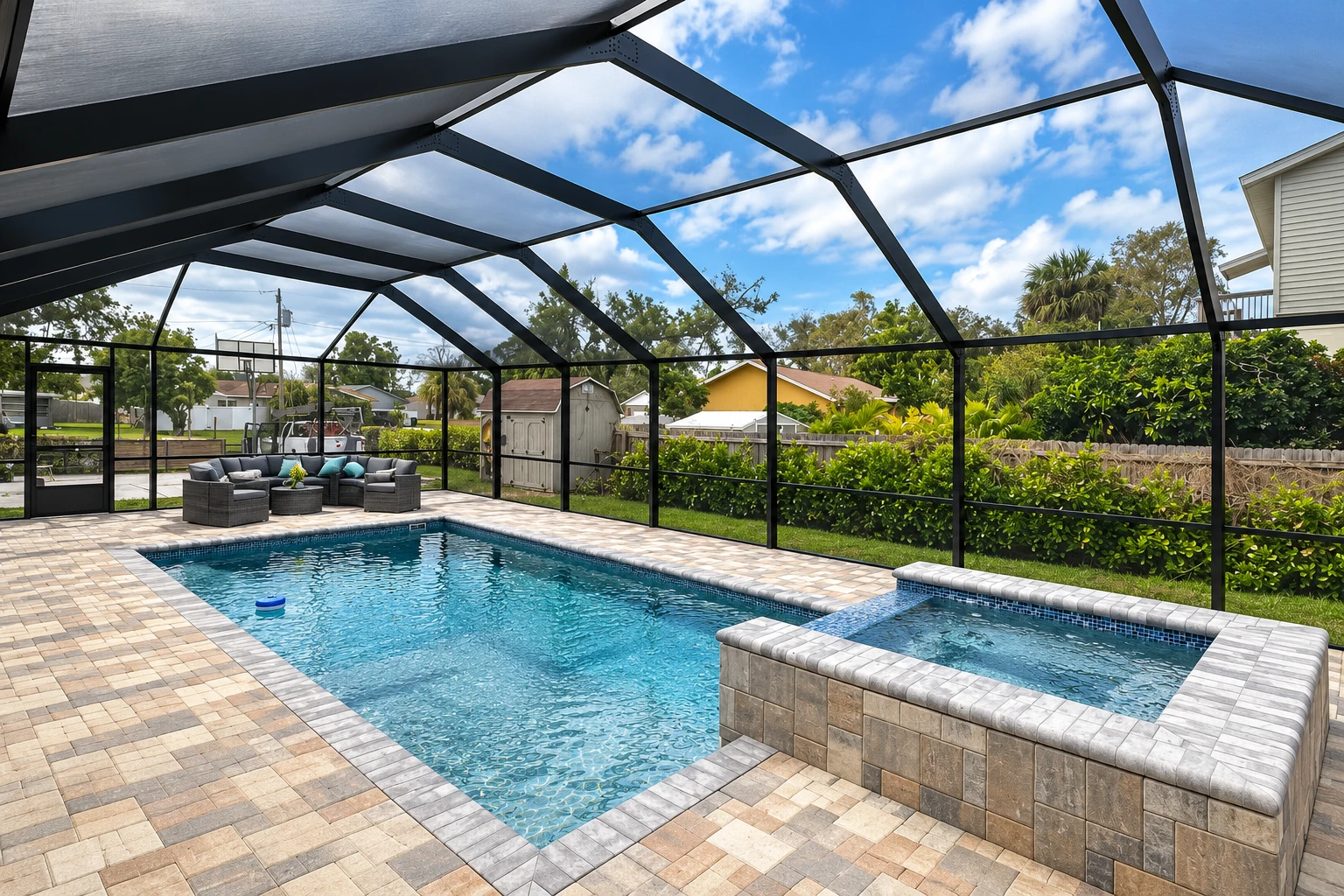 Screen room enclosing a swimming pool, with black framing, a screened roof, and paved patio.