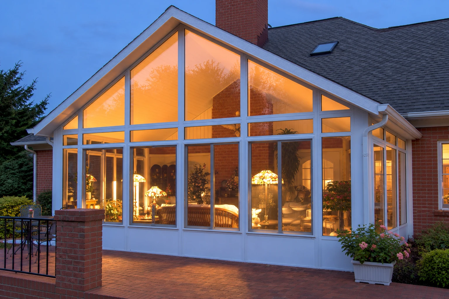 Glass solarium with a peaked roof glows warmly at dusk beside a brick house.