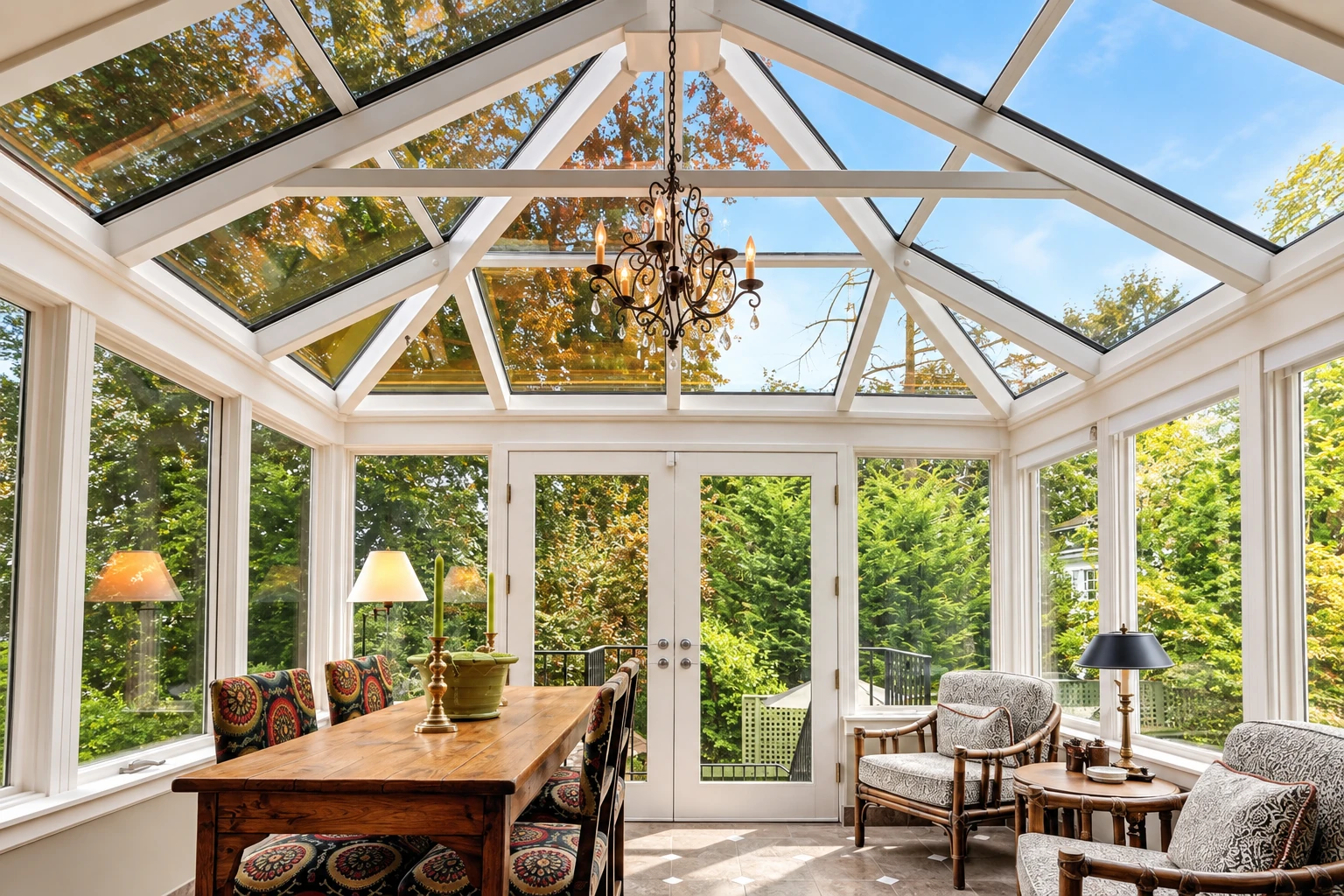 Bright solarium with a glass-paneled peaked roof, dining table, chandelier, and seating overlooking leafy trees.