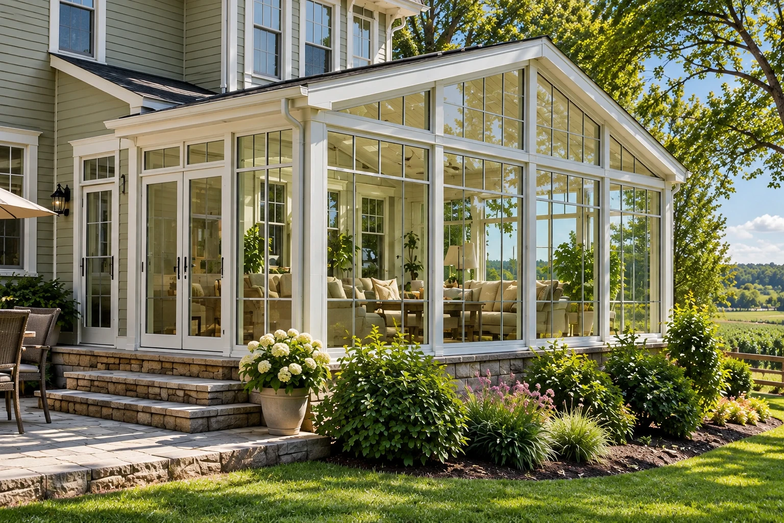 White-framed glass sunroom addition with a peaked roof, stone steps and landscaped garden.