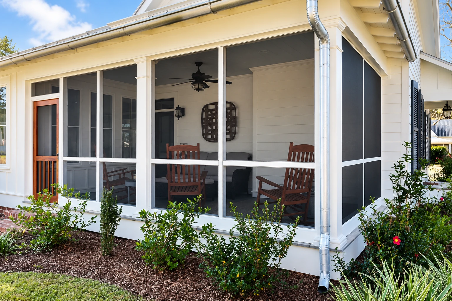Screened sunroom with white framing, dark mesh panels, and wooden chairs beside a landscaped garden.