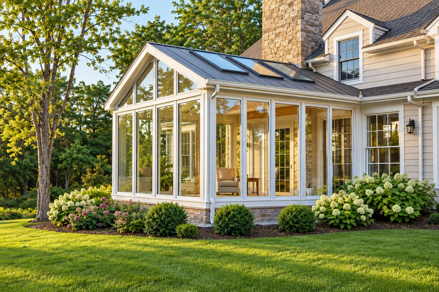 Custom sunroom addition with tall white-framed windows and a gabled glass roof, set beside a landscaped lawn.