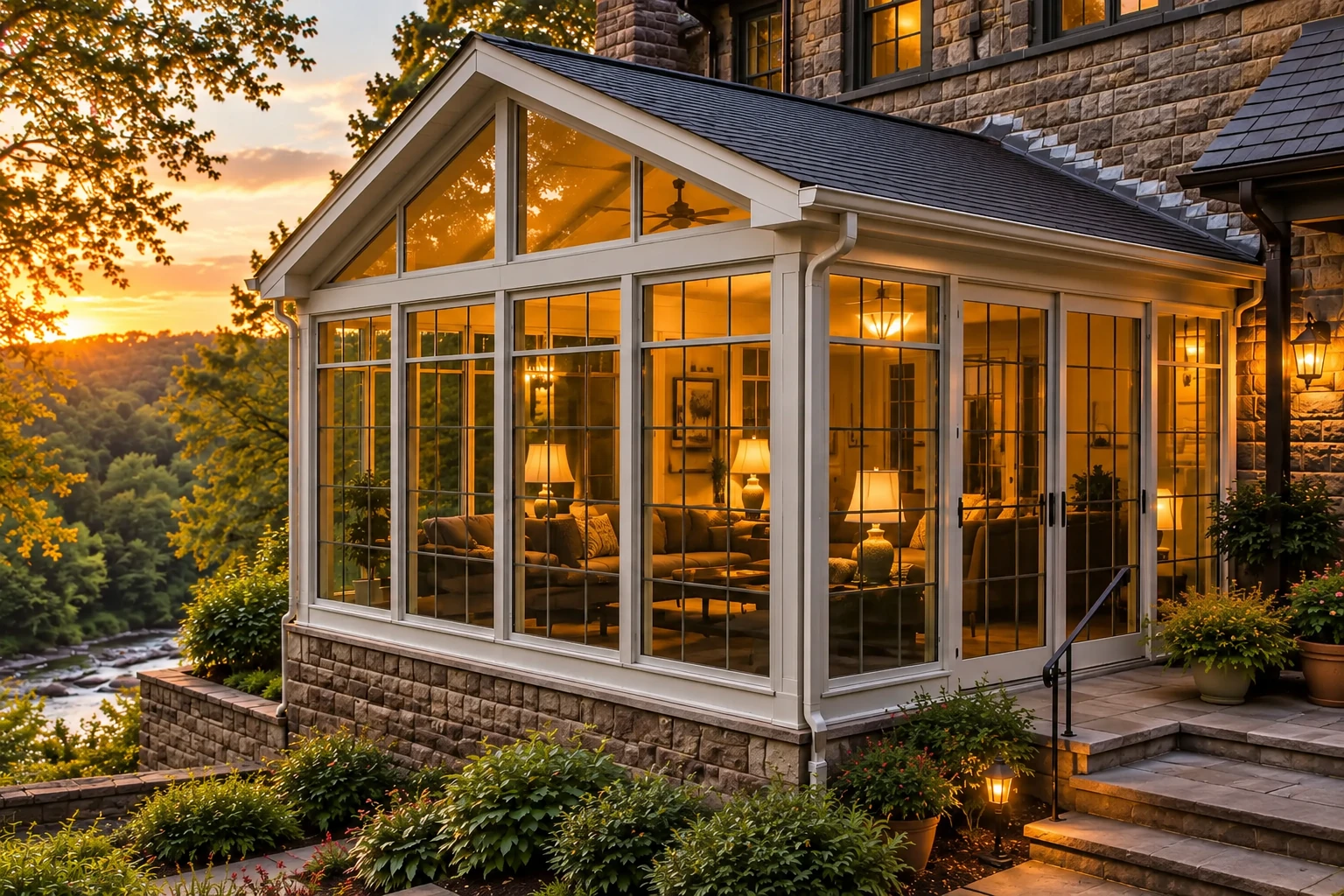 Glass-walled sunroom addition with a gabled roof and stone base, glowing at sunset beside a wooded landscape.