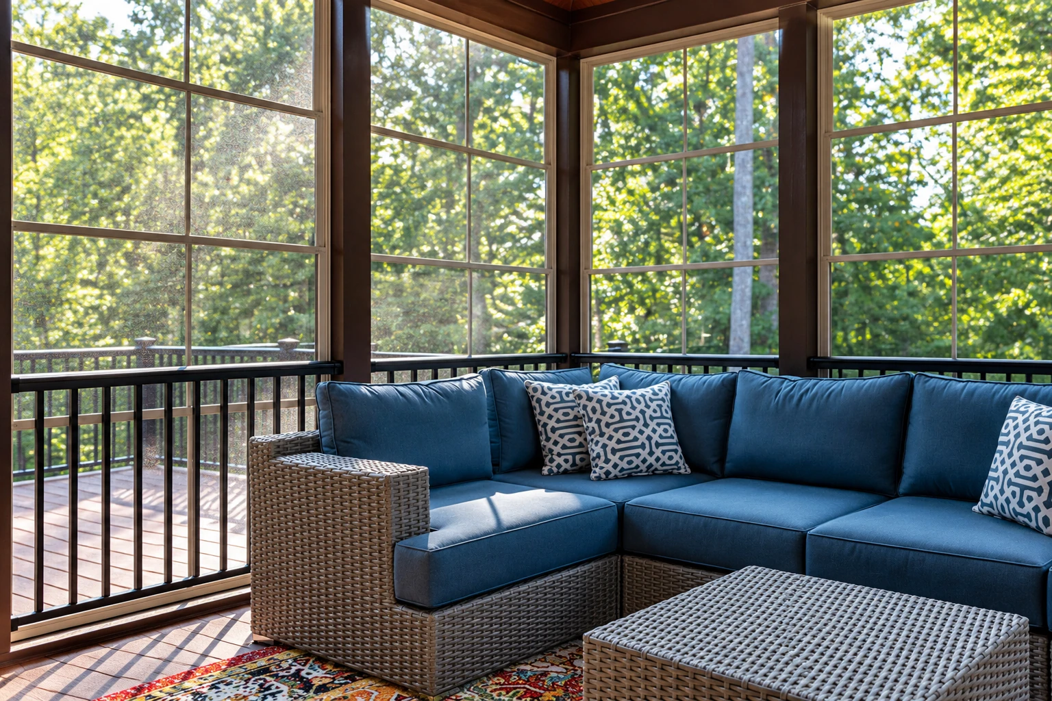 Screened sunroom with dark wood framing, a blue sectional sofa and views of leafy trees.