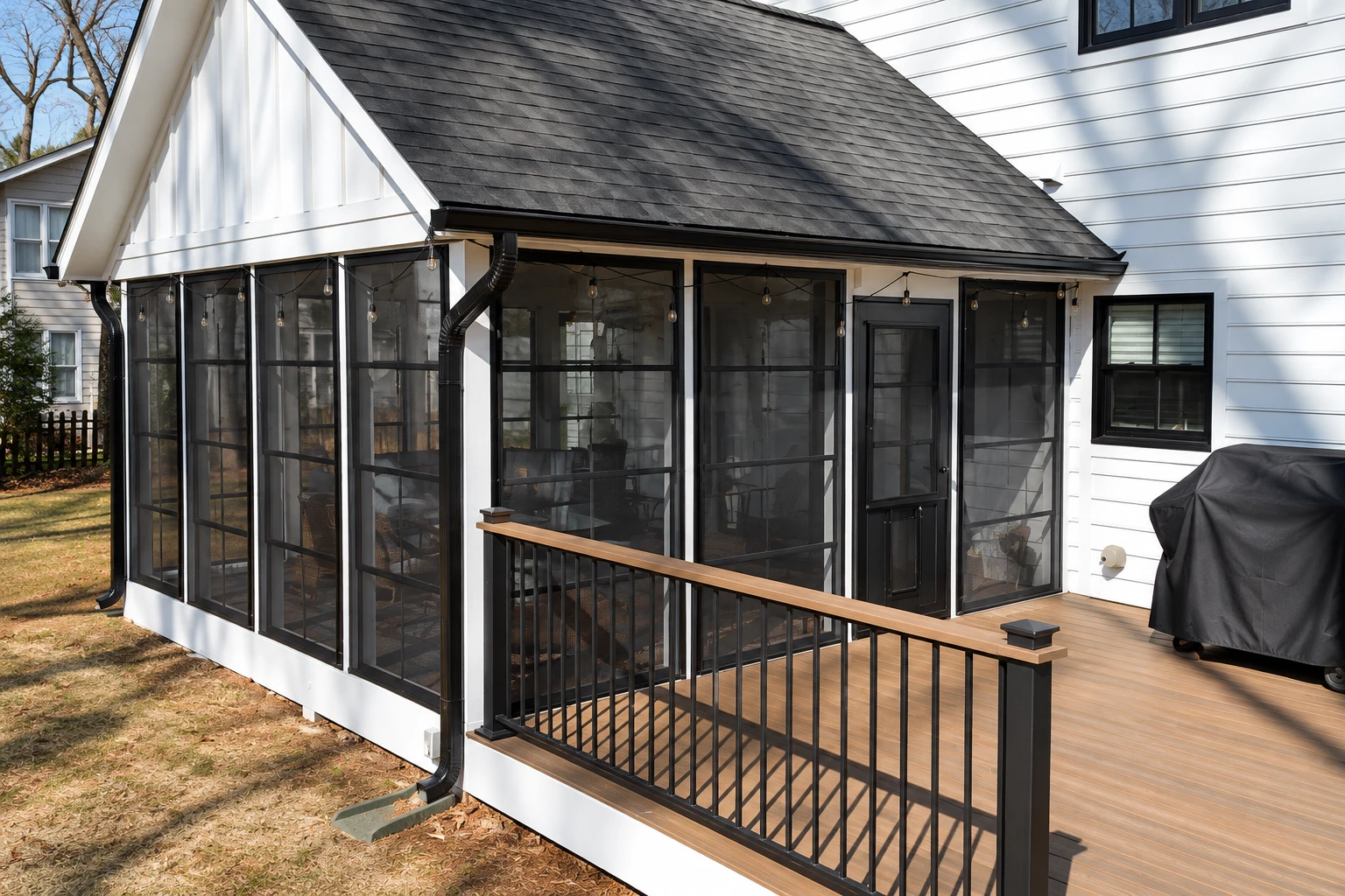Three-season sunroom with dark screened panels and a steep shingled roof beside a wooden deck.