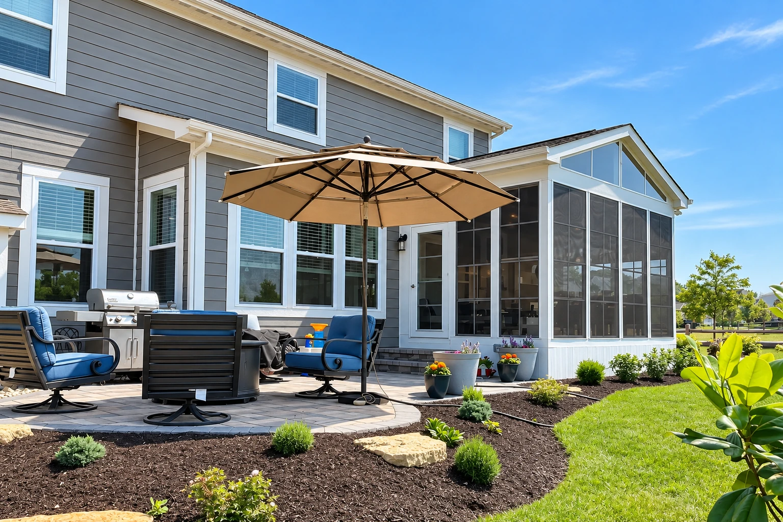 Three-season sunroom attached to a gray house, with a screened gable end beside a furnished patio and garden.