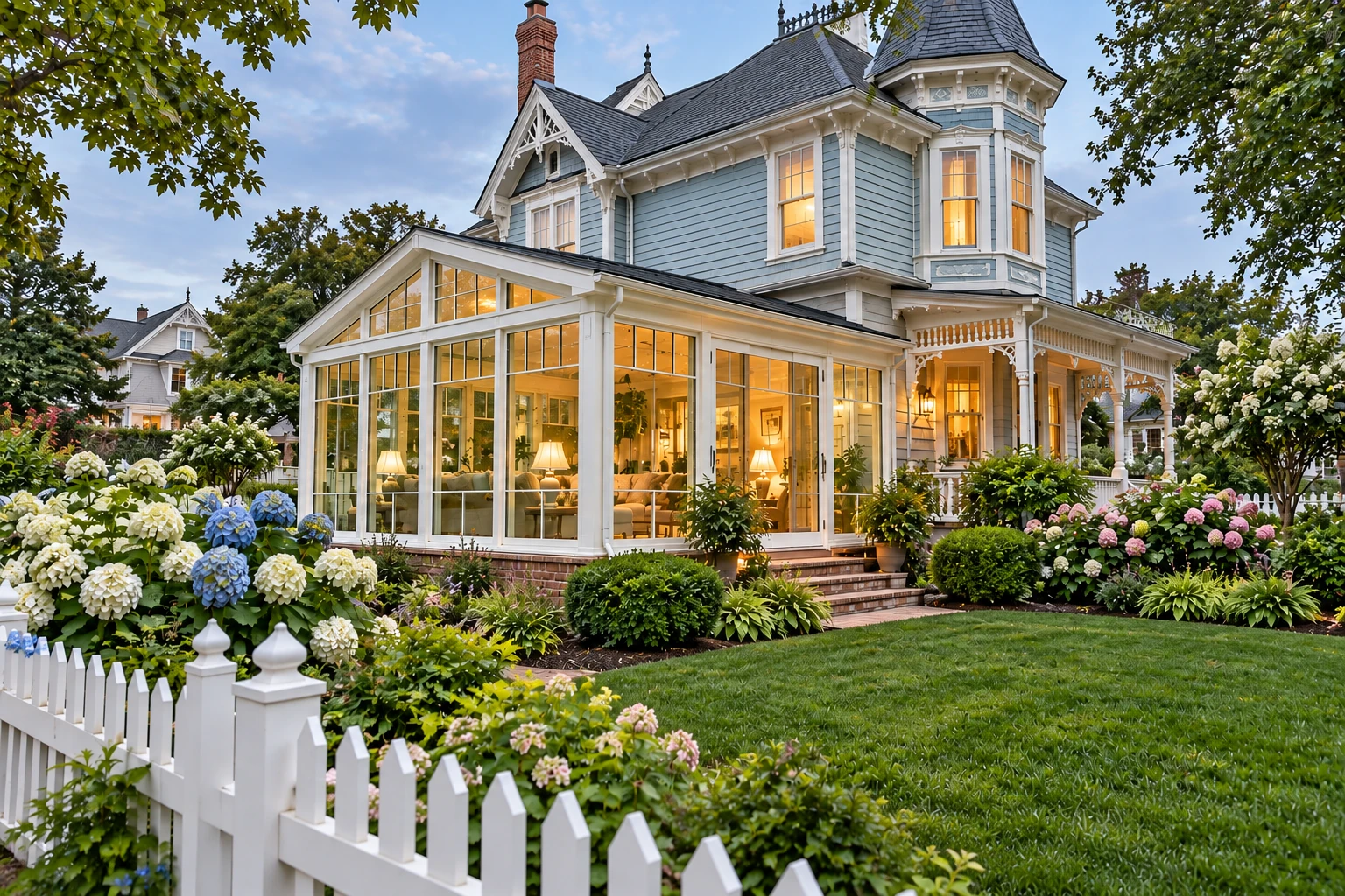Blue-gray Victorian home with a white-framed glass sunroom, glowing warmly at dusk amid flowering gardens.