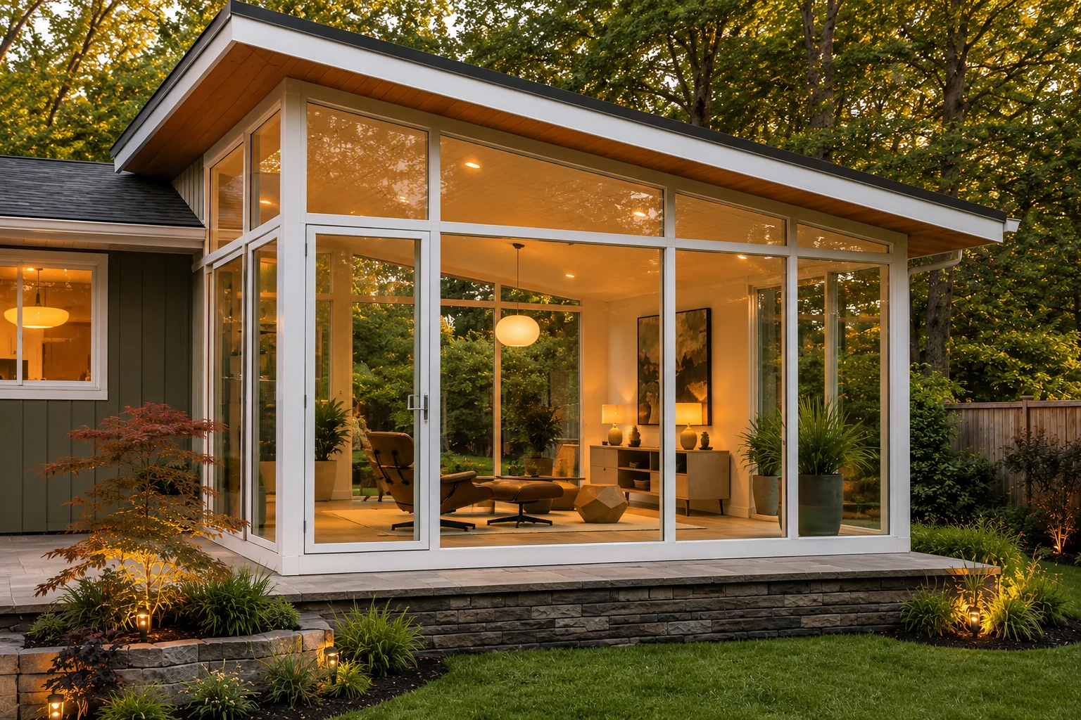 Modern vinyl sunroom with white-framed glass walls, warmly lit interior, and a low-pitched roof among trees.